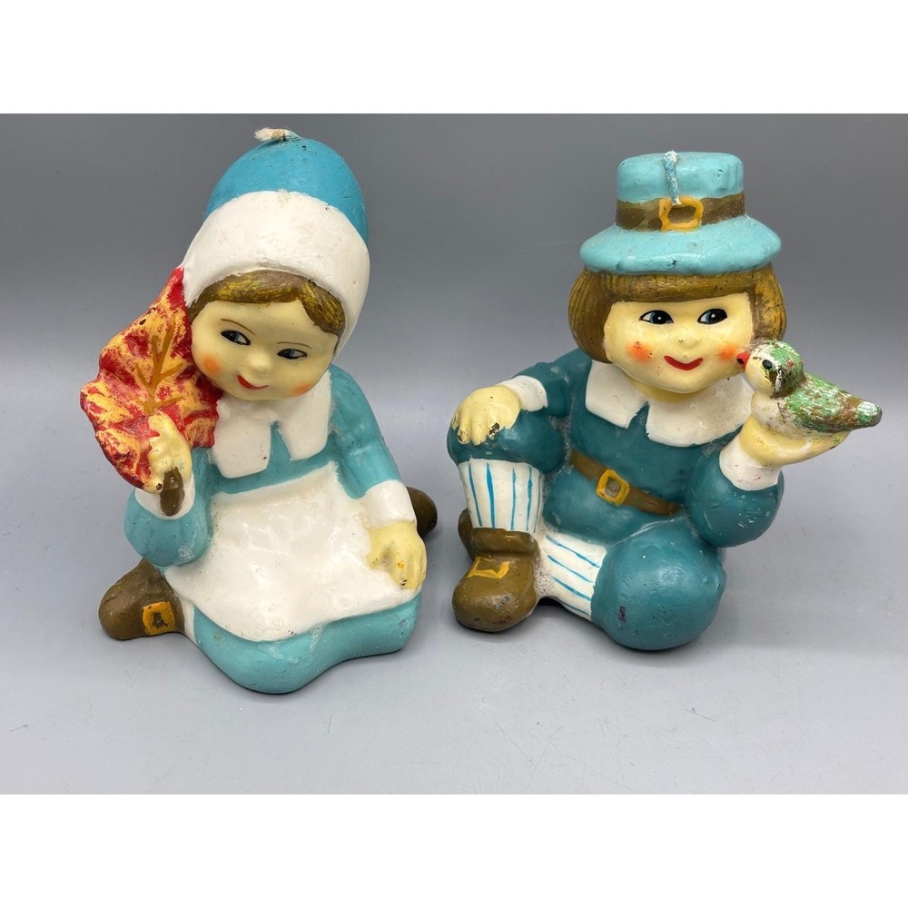 Vintage Pilgrim Boy Girl Candle Set Thanksgiving Autumn Fall Decor‎